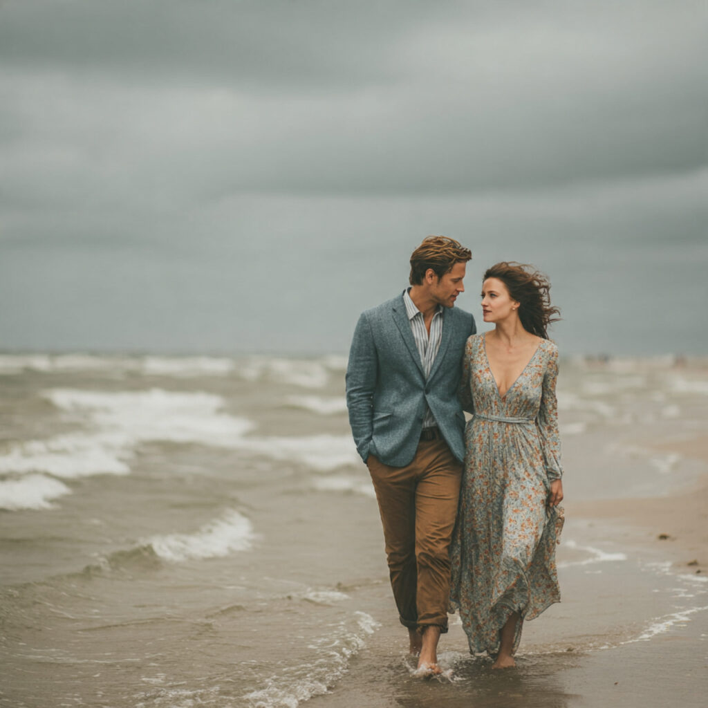 26 Creative Seasonal Engagement Photos Ideas to Capture Your Love 11 couple walking along a windswept shoreline in