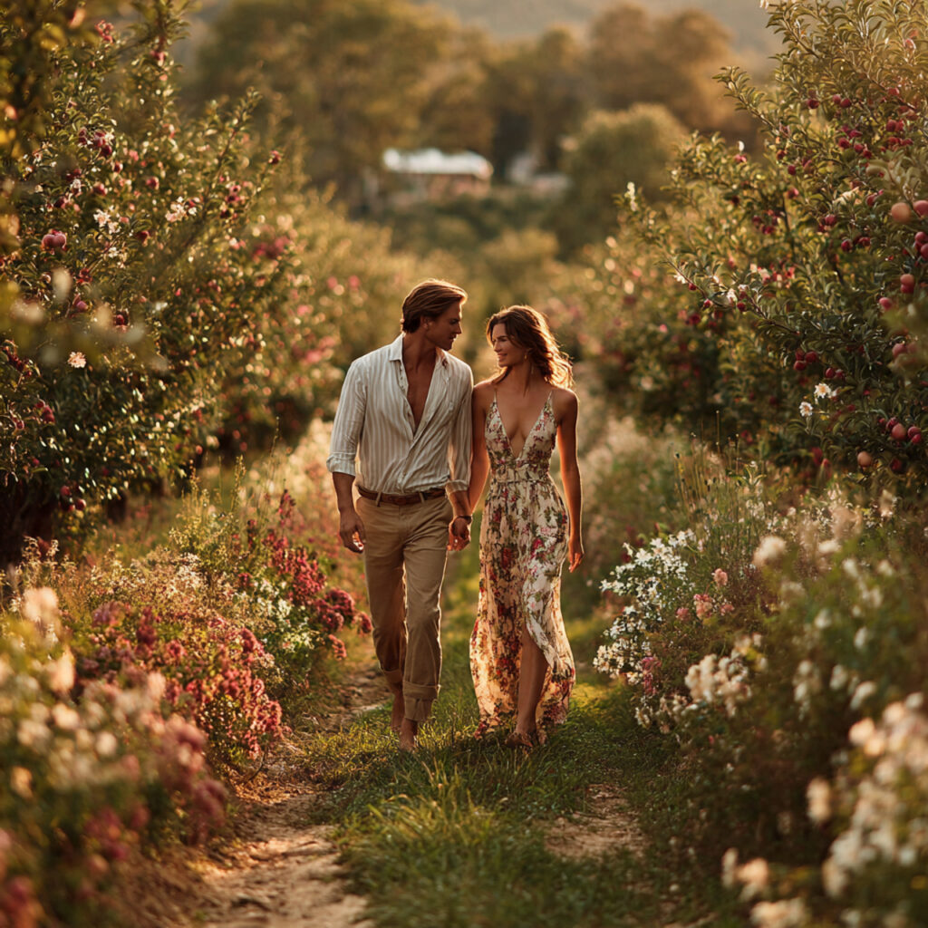 26 Creative Seasonal Engagement Photos Ideas to Capture Your Love 16 couple walking between rows of sunlit orchard