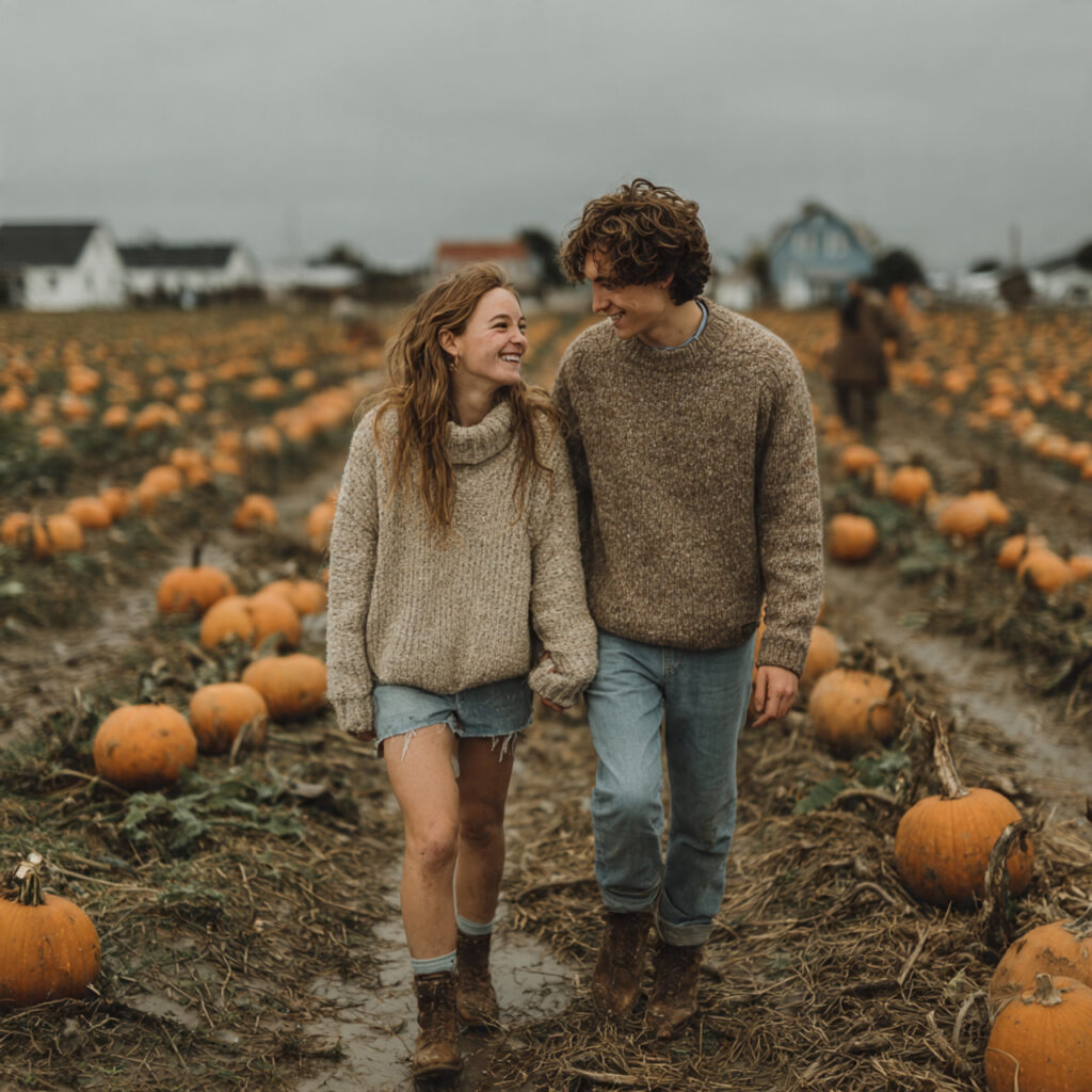 26 Creative Seasonal Engagement Photos Ideas to Capture Your Love 26 couple walking through a rustic pumpkin patch