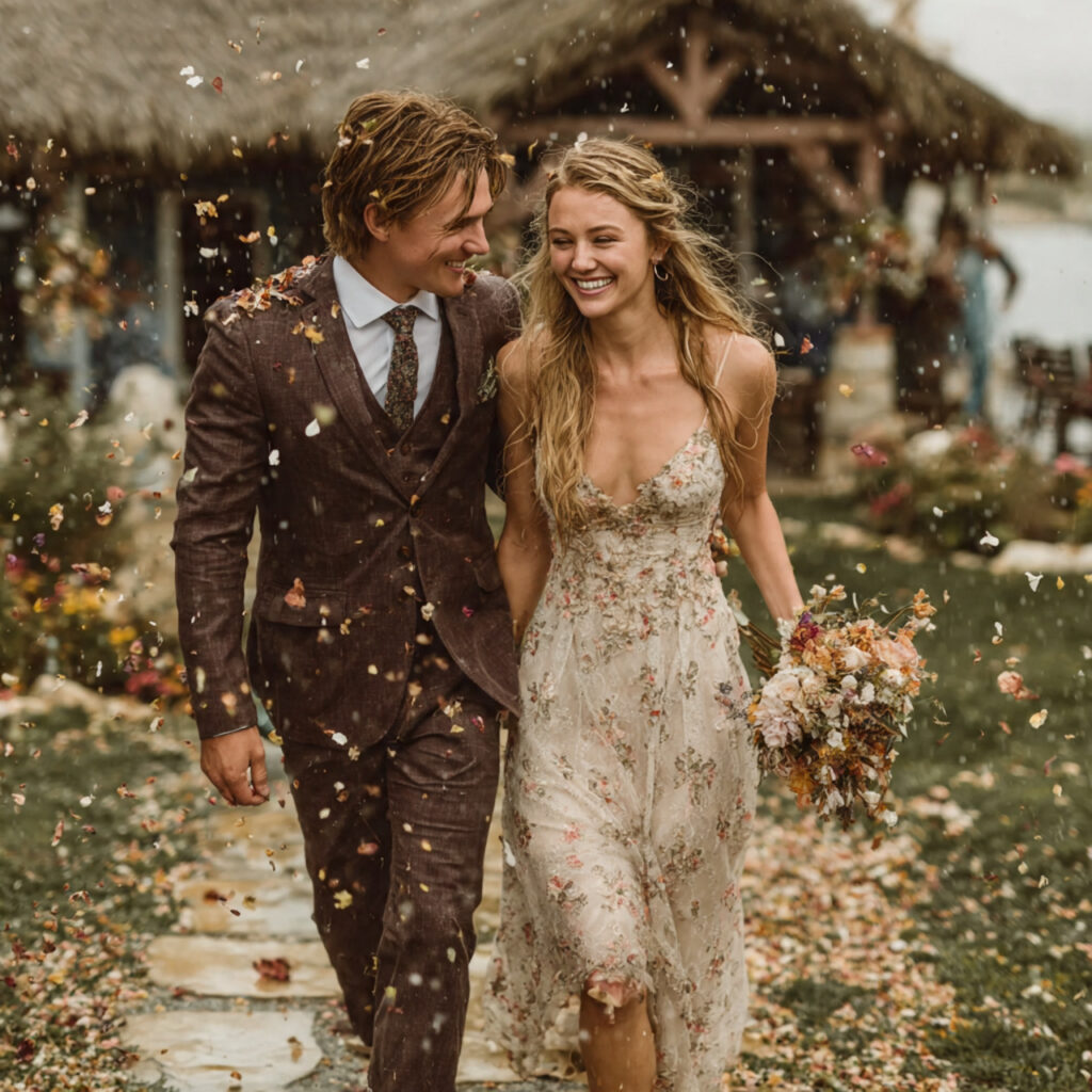 18 Stunning Wedding Send Off Ideas for an Unforgettable Exit 3 couple walking through a shower of dried