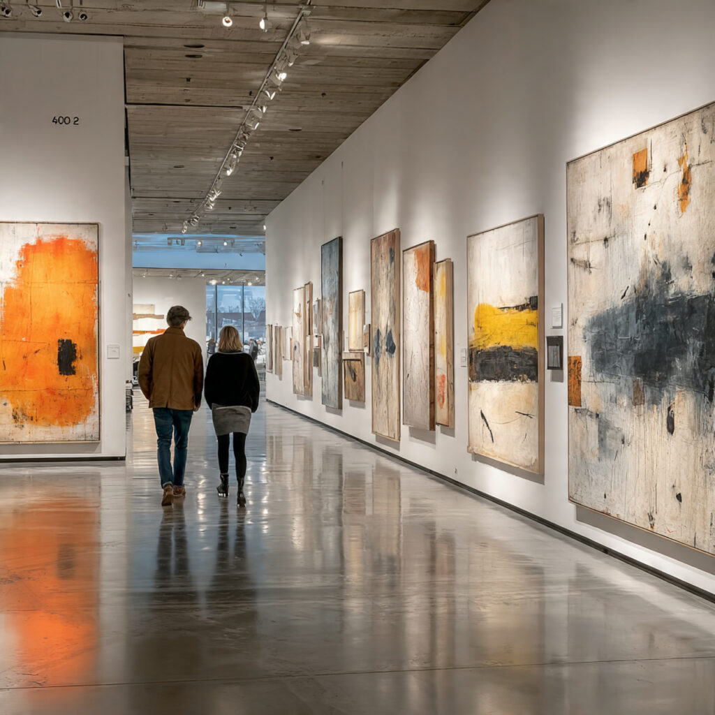 couple walking through modern art gallery minimalist