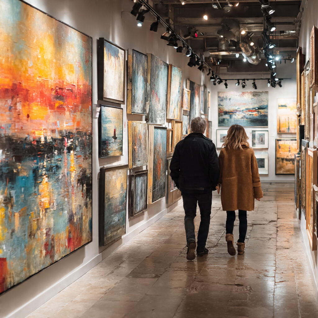 couple walking through modern art gallery with