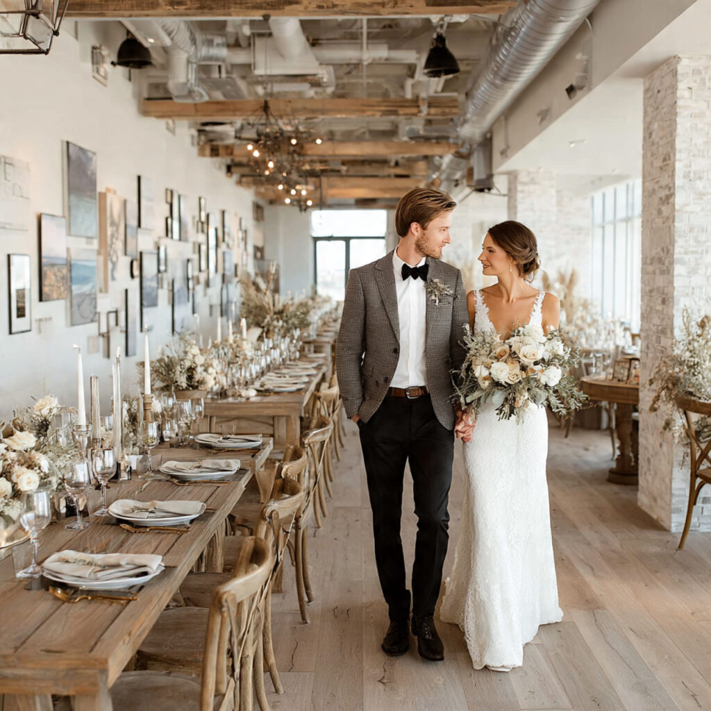 couple walking through wedding venue with planner