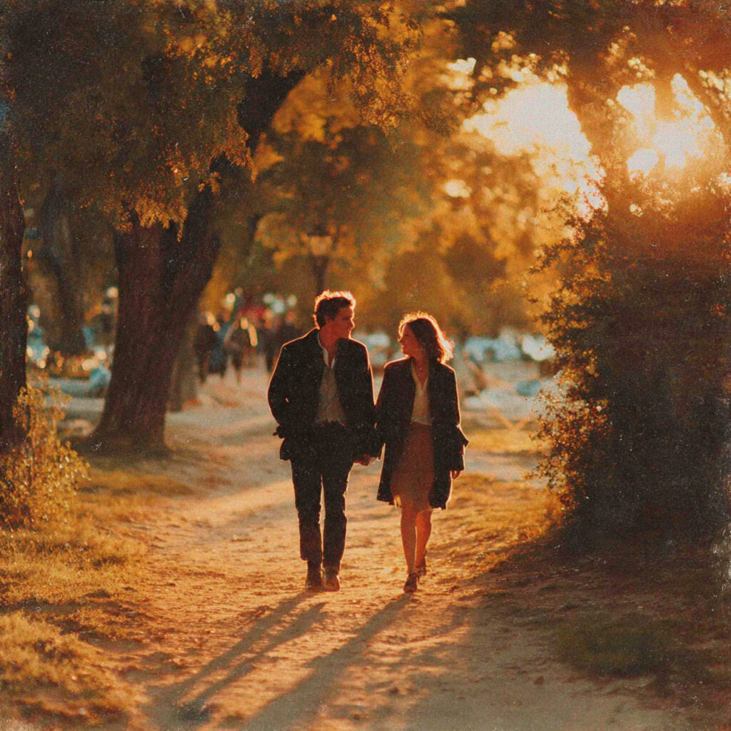 couple walking together on a park path