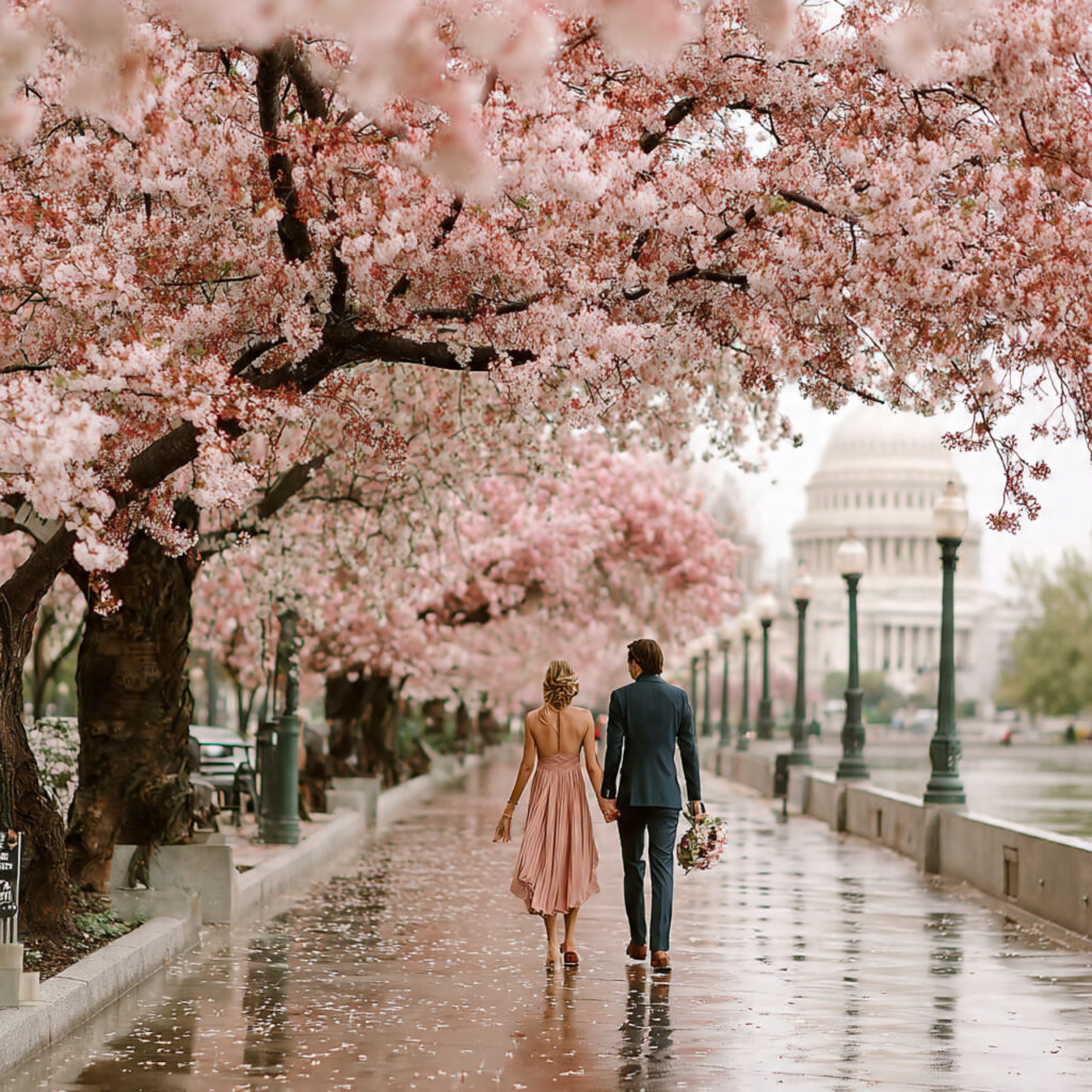 26 Creative Seasonal Engagement Photos Ideas to Capture Your Love 7 couple walking under blooming cherry blossom trees