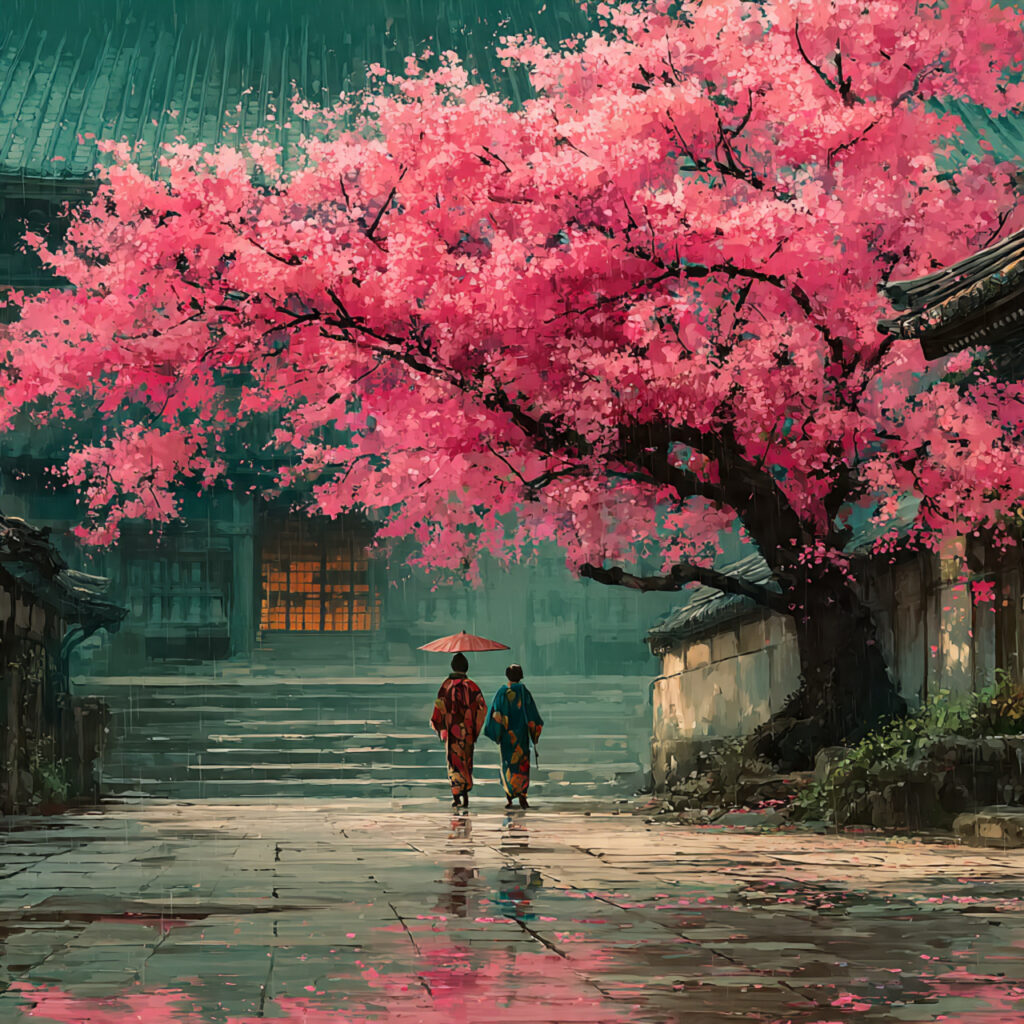 couple walking under cherry blossom trees traditional