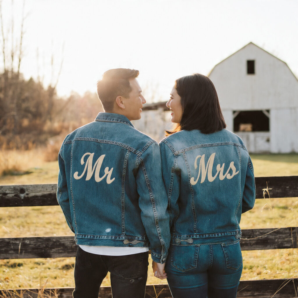 couple wearing matching denim jackets embroidered with