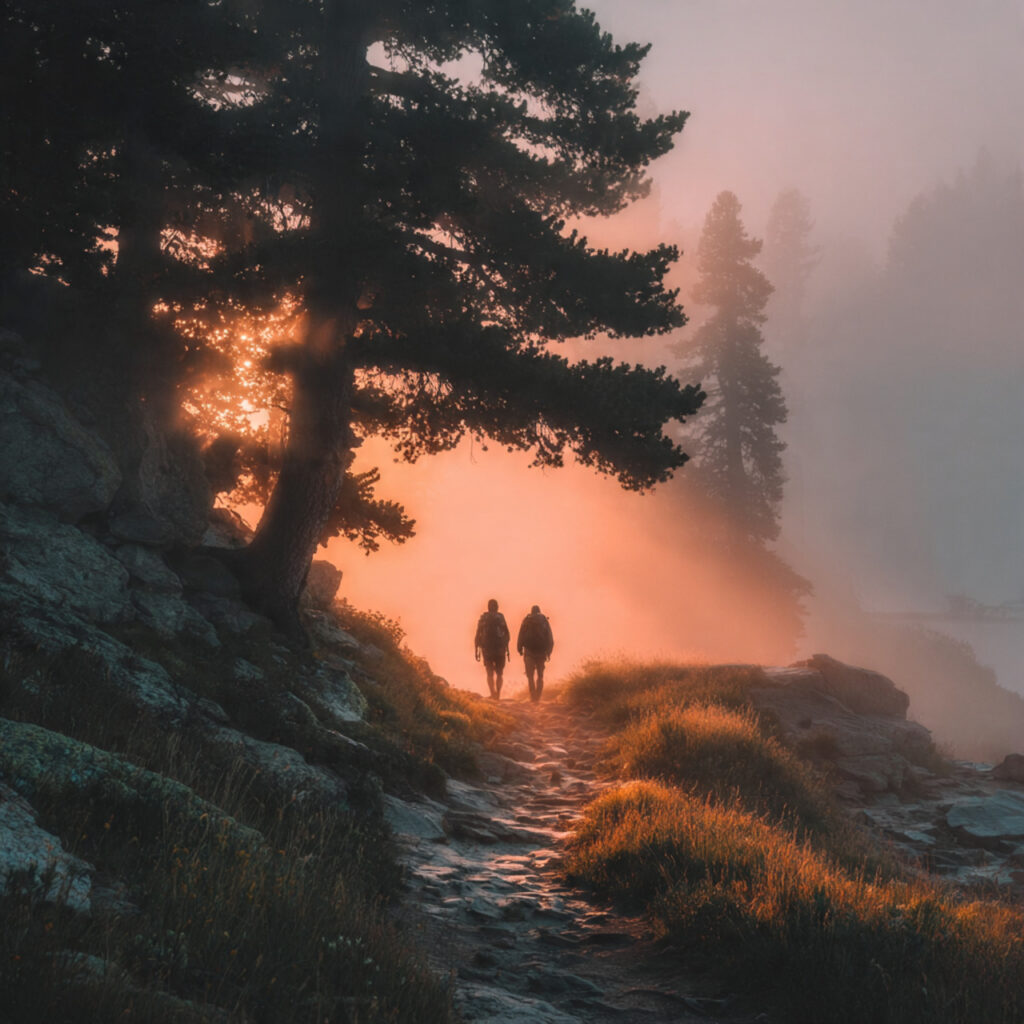 couple with backpacks on a forest trail