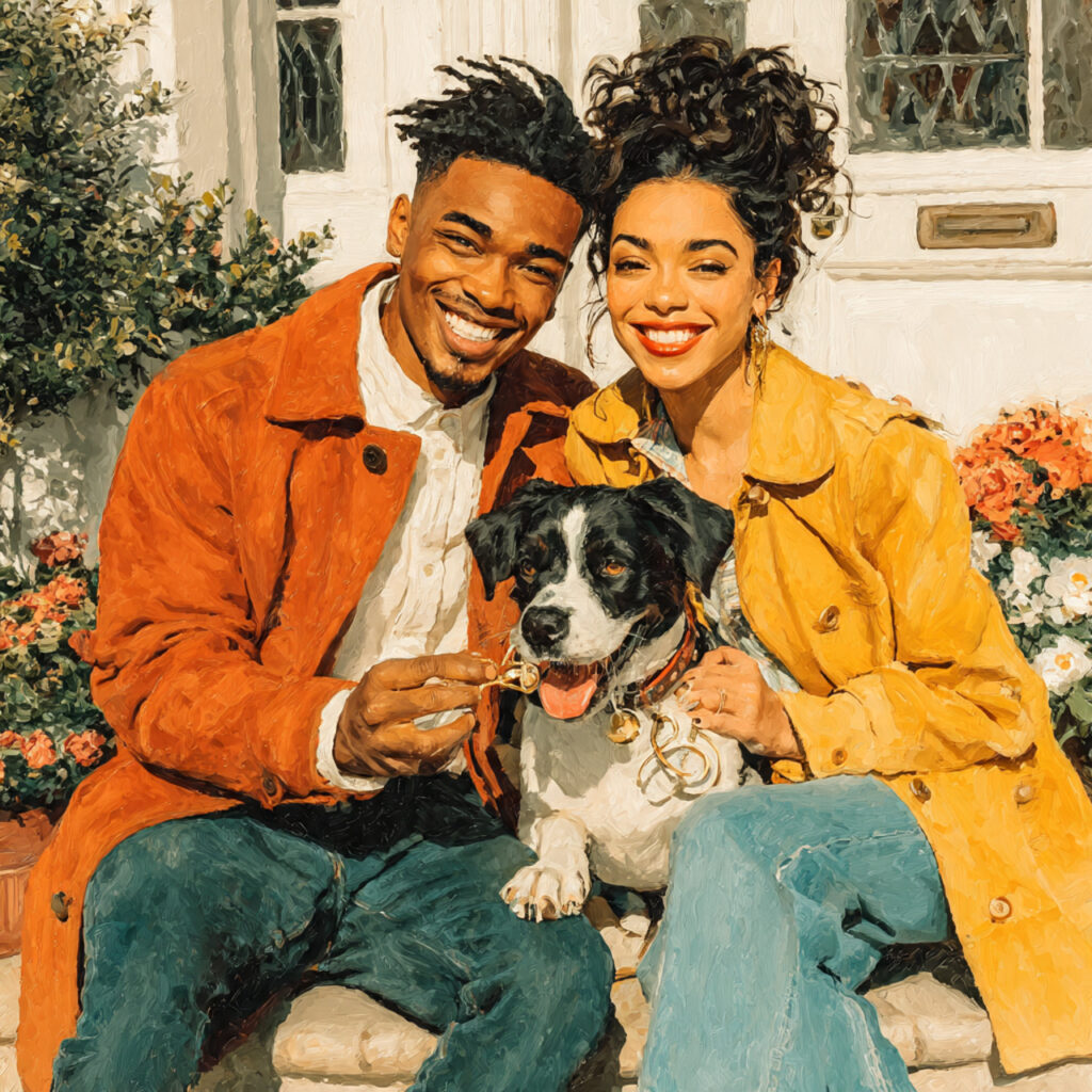 couple with dog delivering engagement ring on