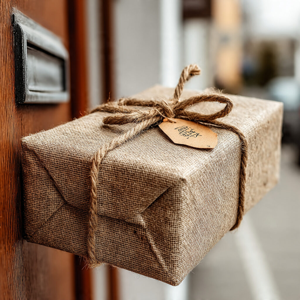 courier delivering beautifully wrapped wedding gift to