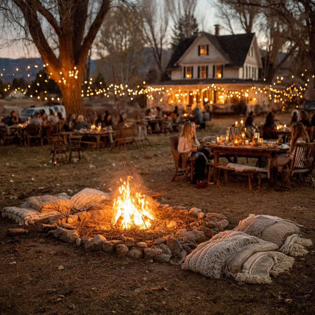 cozy backyard engagement party around bonfire string