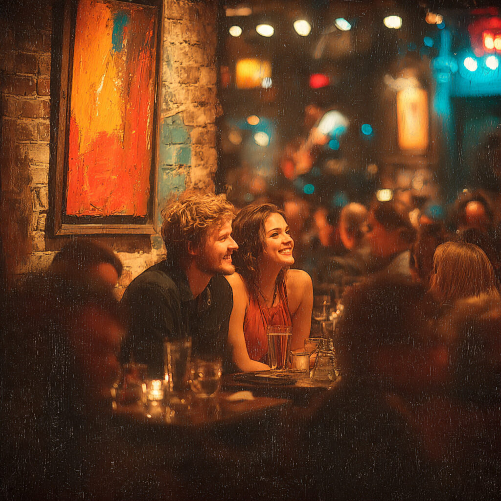 cozy comedy club with dim lighting and