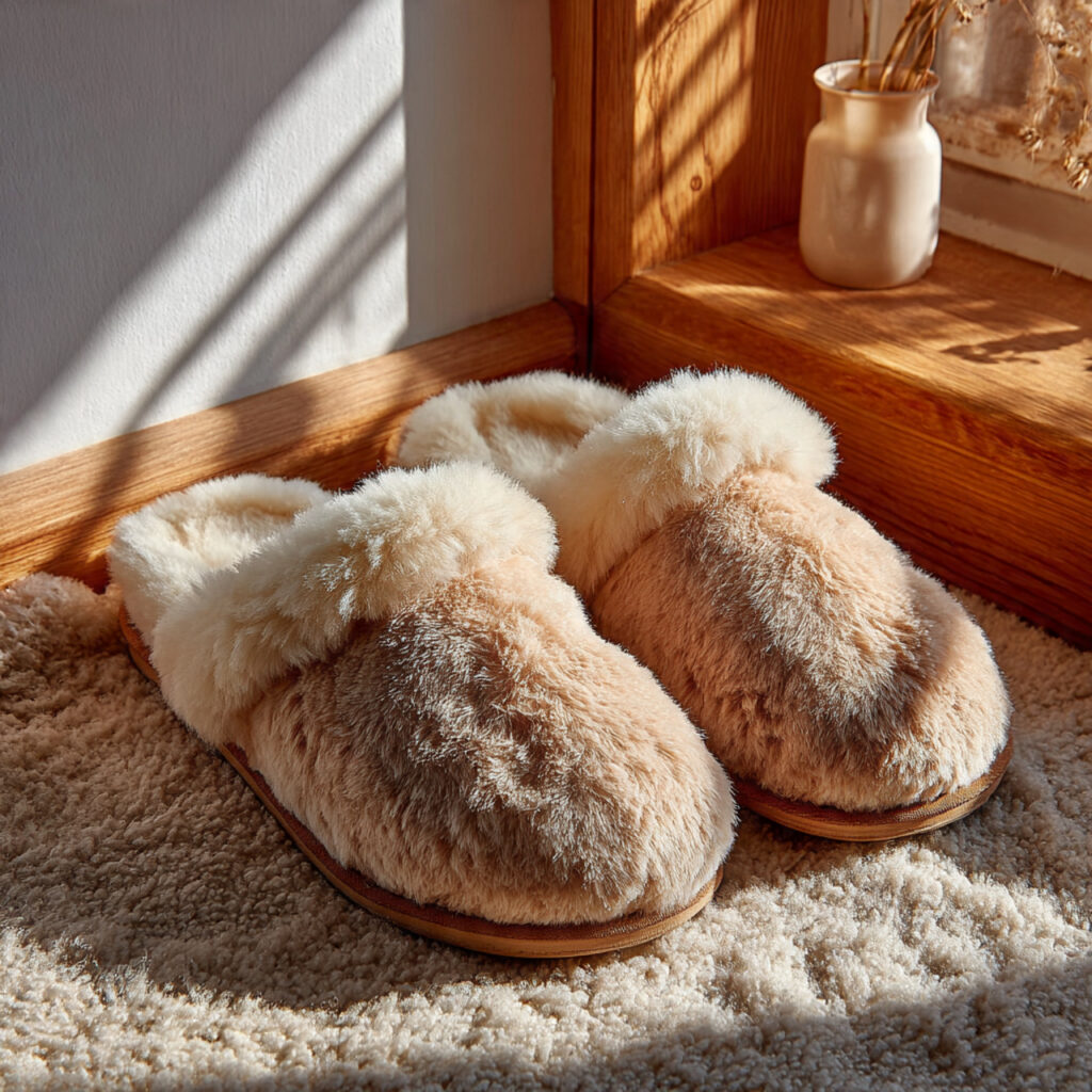 cozy fur lined slippers on a soft rug