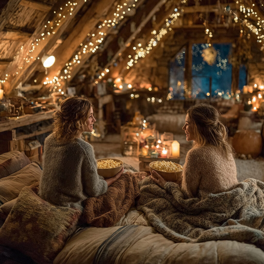 cozy home theater setup with fairy lights