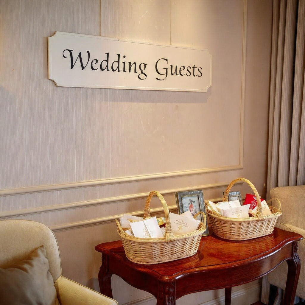 cozy hotel welcome area with wedding guests