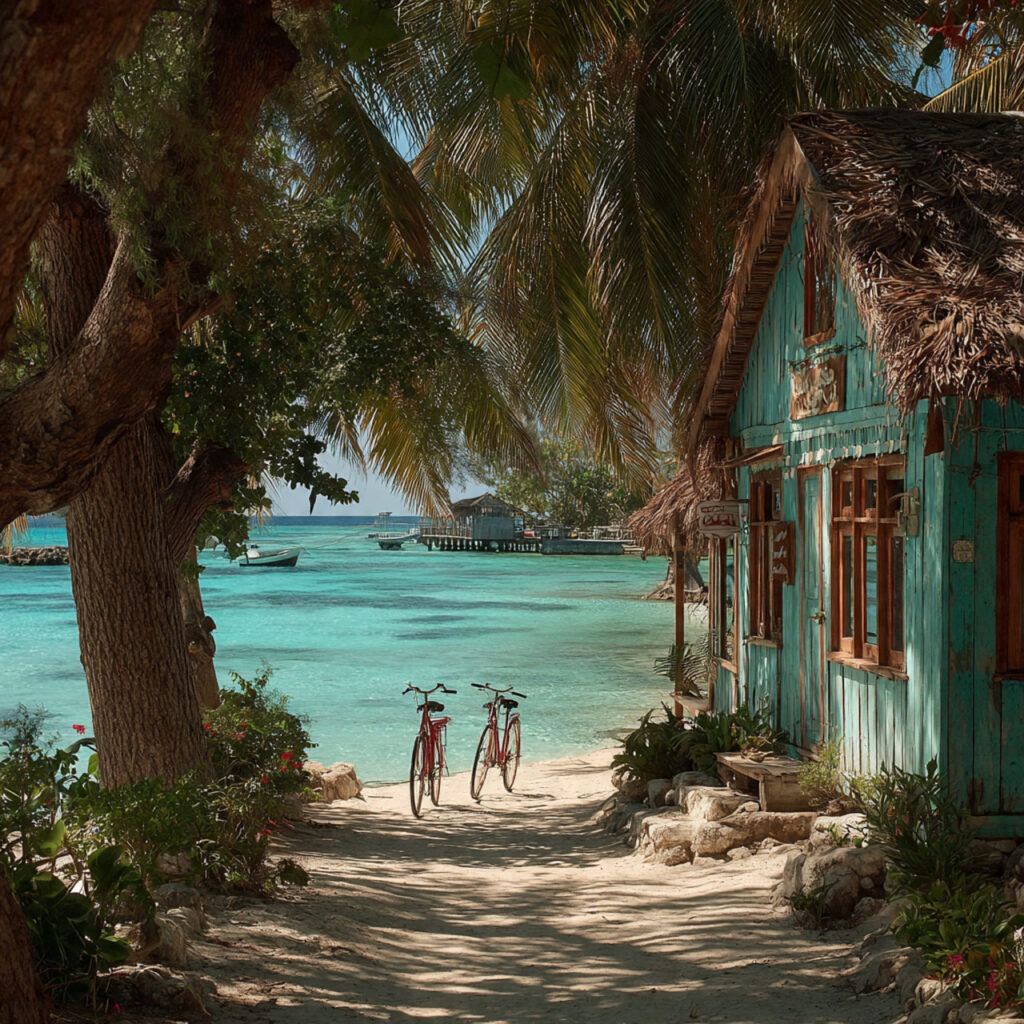 cozy maldives guesthouse by beach couple cycling