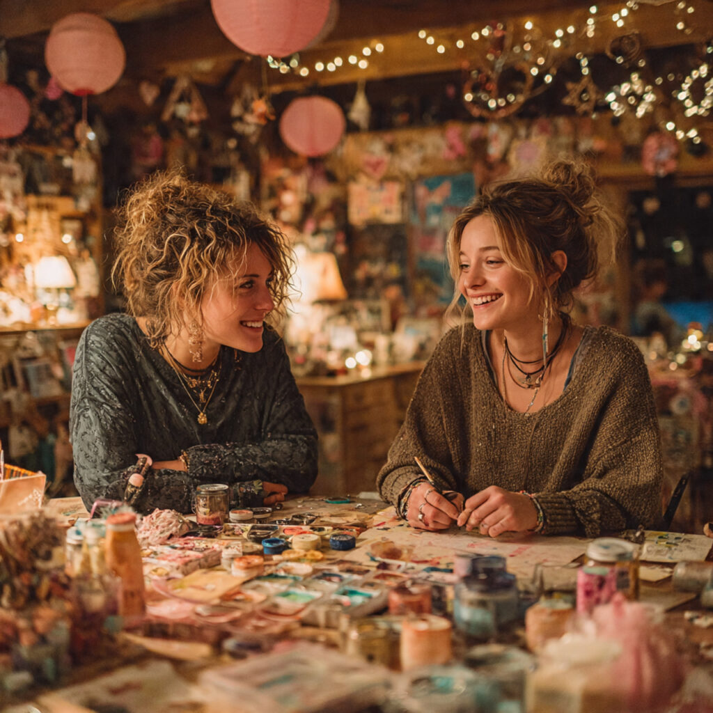 crafting table filled with paints glitter ribbons
