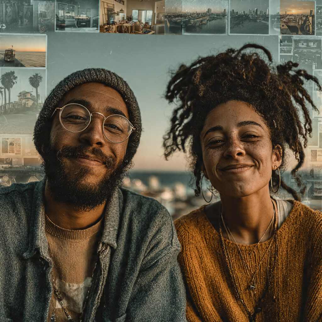 creative collage of real two people recording