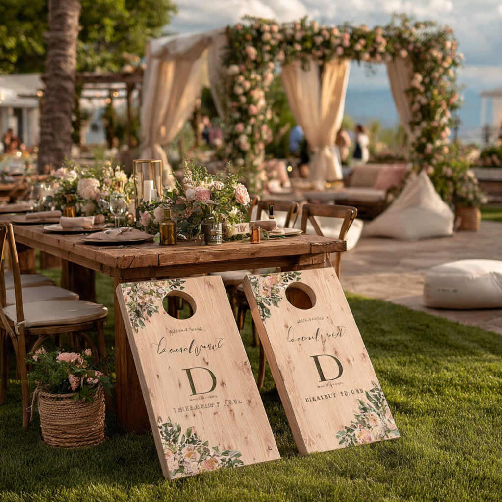 custom wedding cornhole boards with initials outdoor