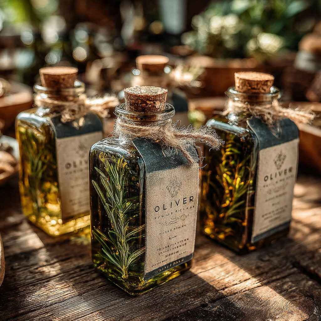 20 Unique Wedding Giveaways Ideas for Meaningful Favours 3 dark glass mini olive oil bottles with