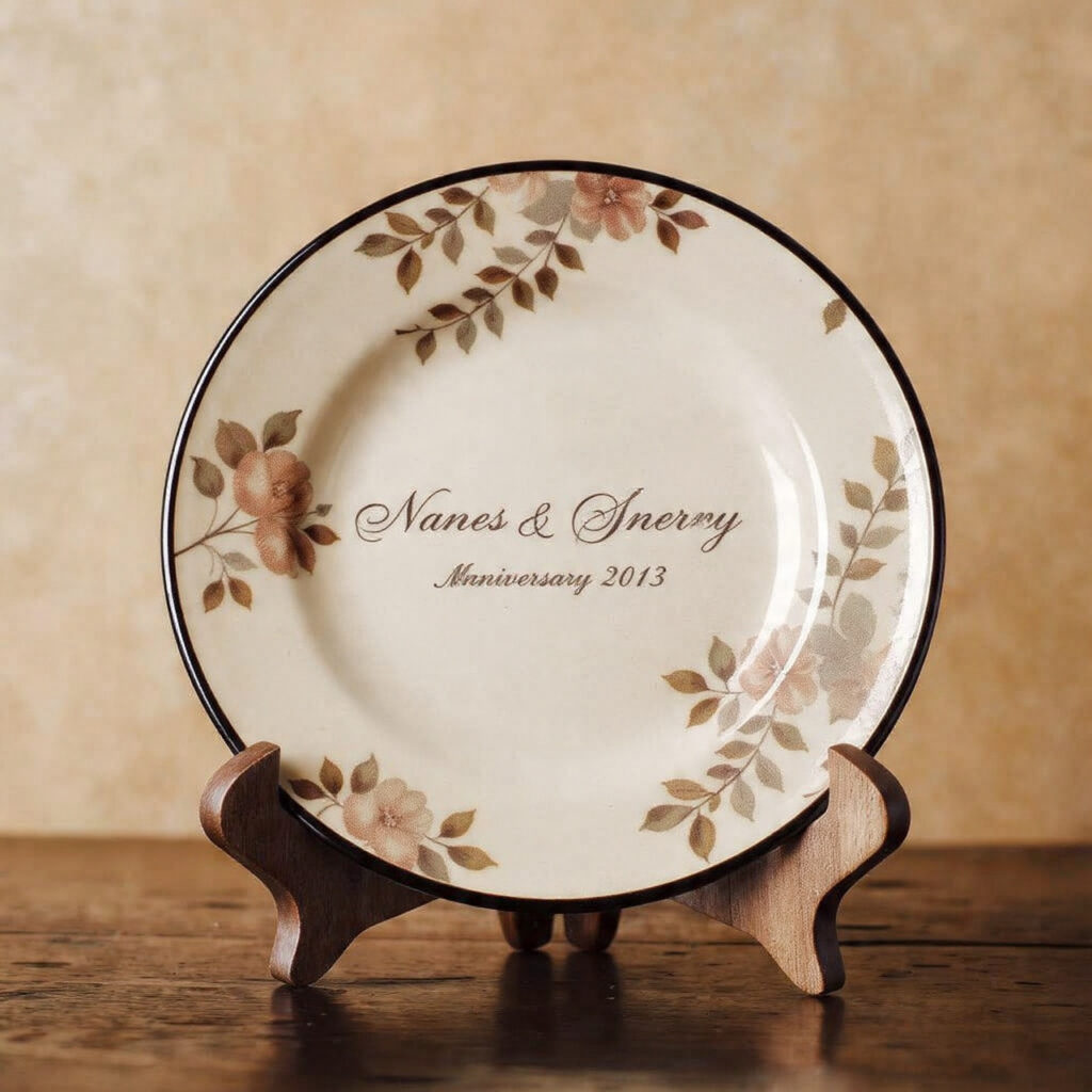 decorative pottery anniversary plate with engraved names
