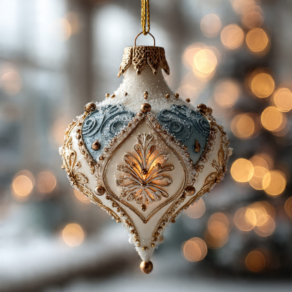 delicate lace patterned ornament hanging against a soft