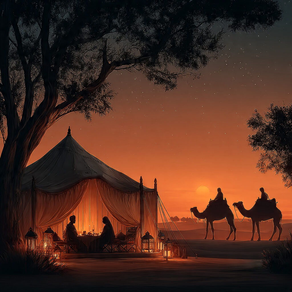 desert honeymoon setup with luxury tent golden