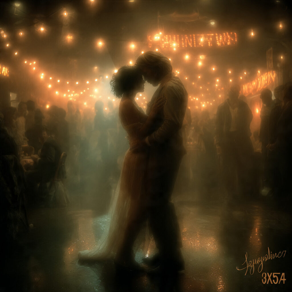 dimly lit reception hall with couples slow