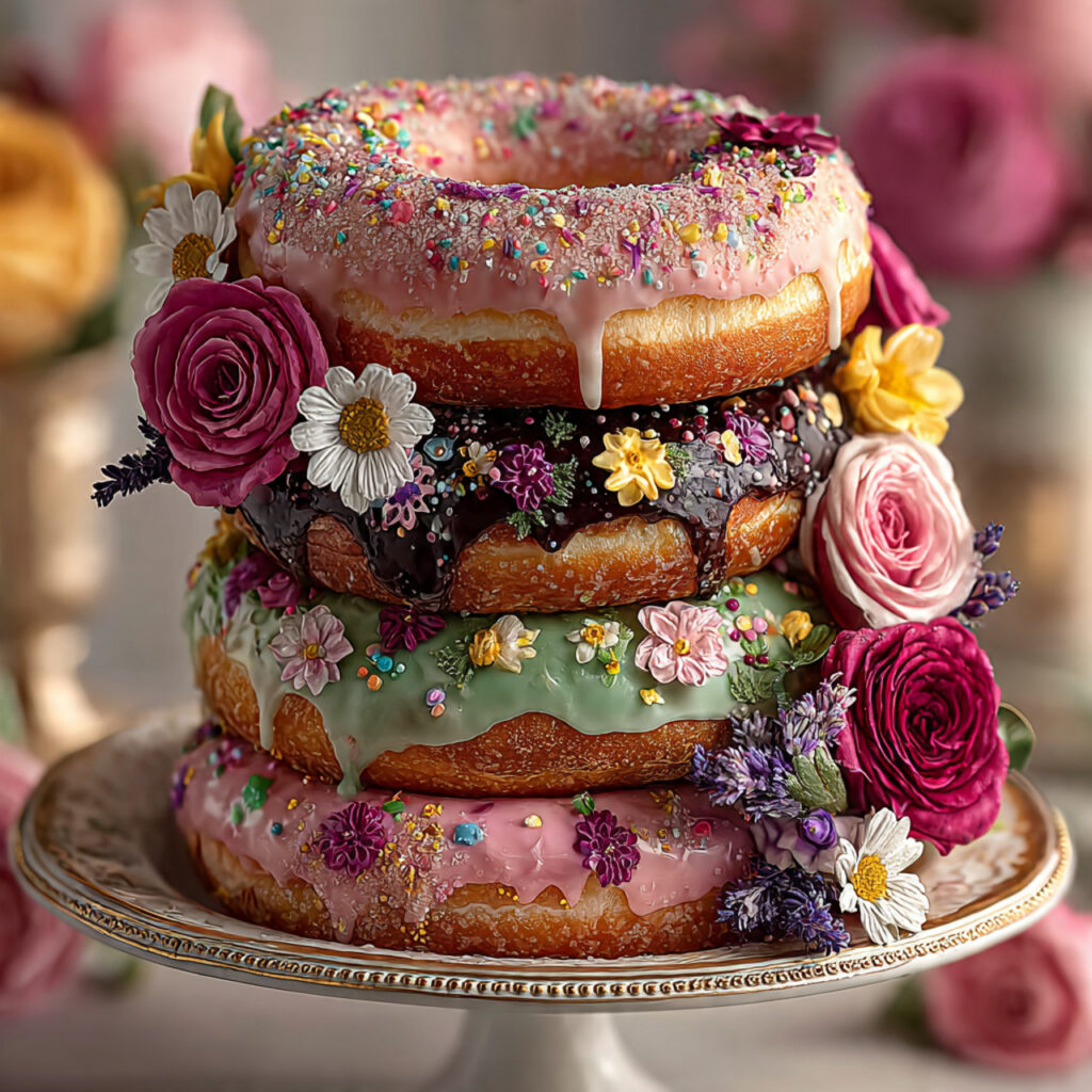 donut cake decorated with fresh edible flowers