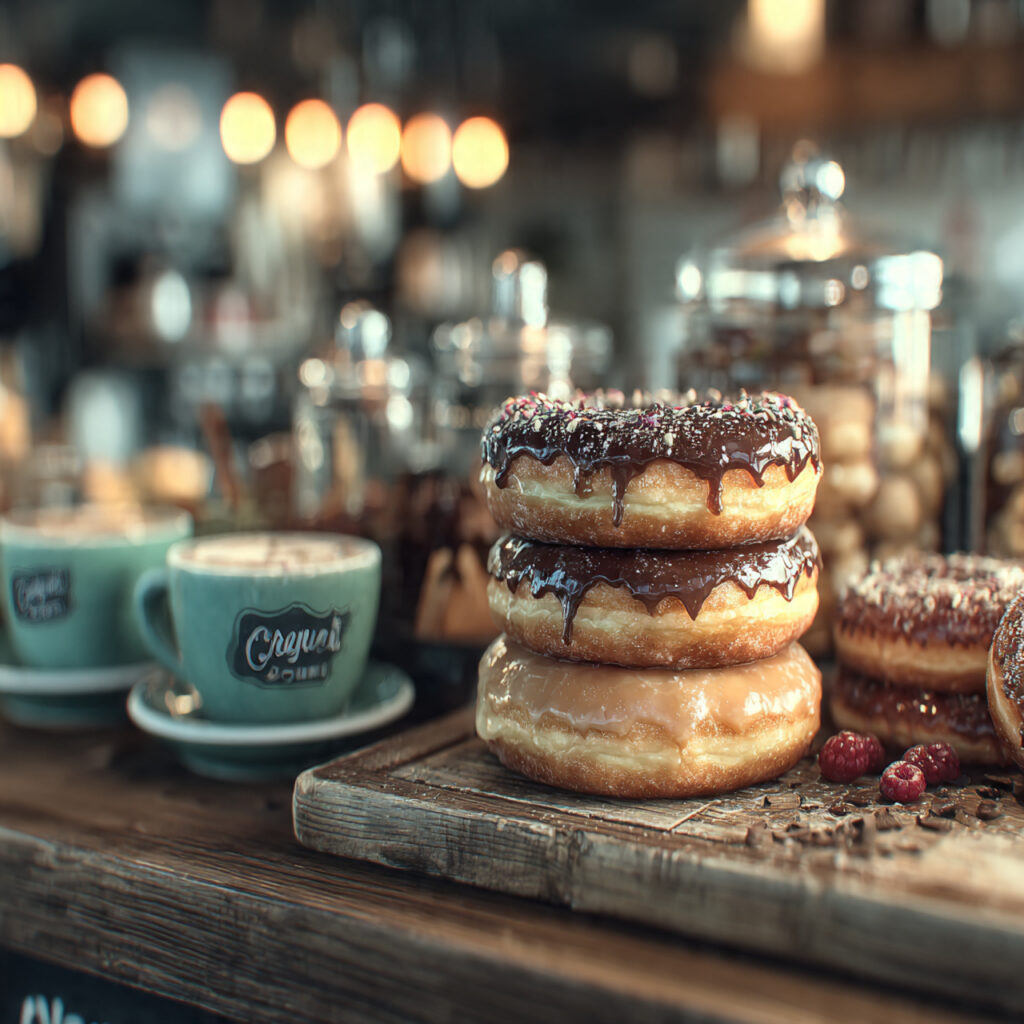 donut cake displayed with coffee cups and