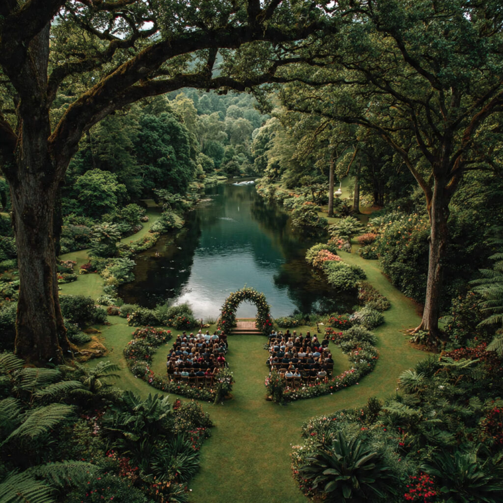 drone shot of outdoor wedding ceremony floral