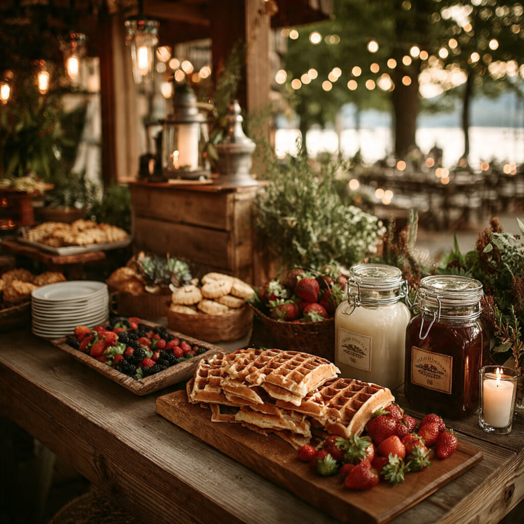 early morning post wedding breakfast setup pancakes waffles