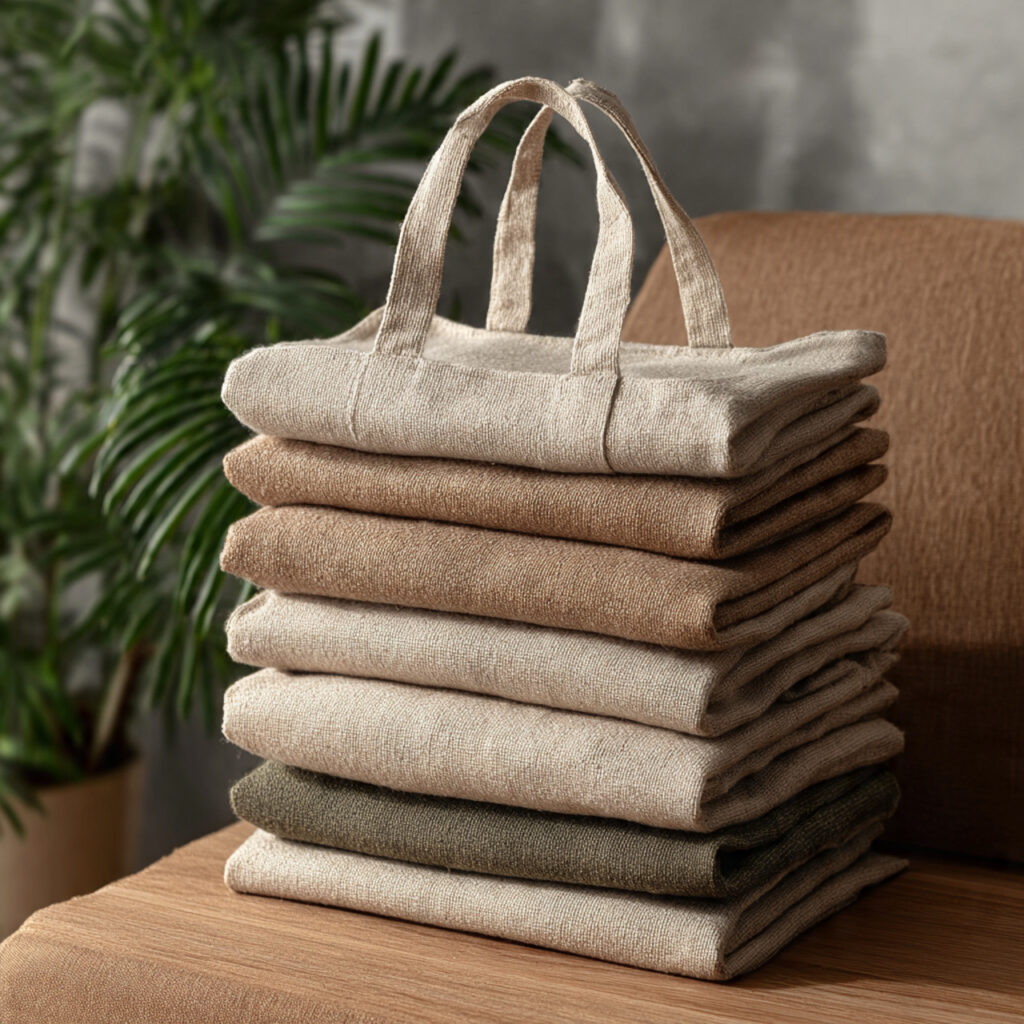eco friendly foldable reusable shopping bags neatly stacked