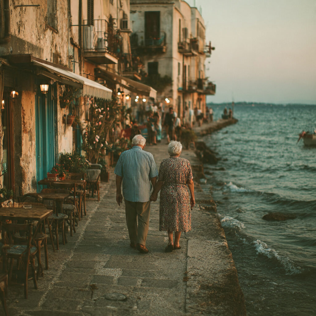 19 Meaningful 50th Anniversary Gift Ideas for a Golden Year 13 elderly couple walking hand in hand at a nostalgic