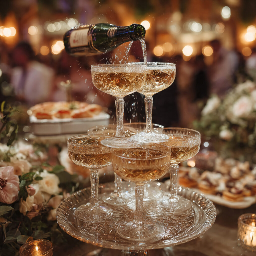 elegant champagne tower at wedding after party
