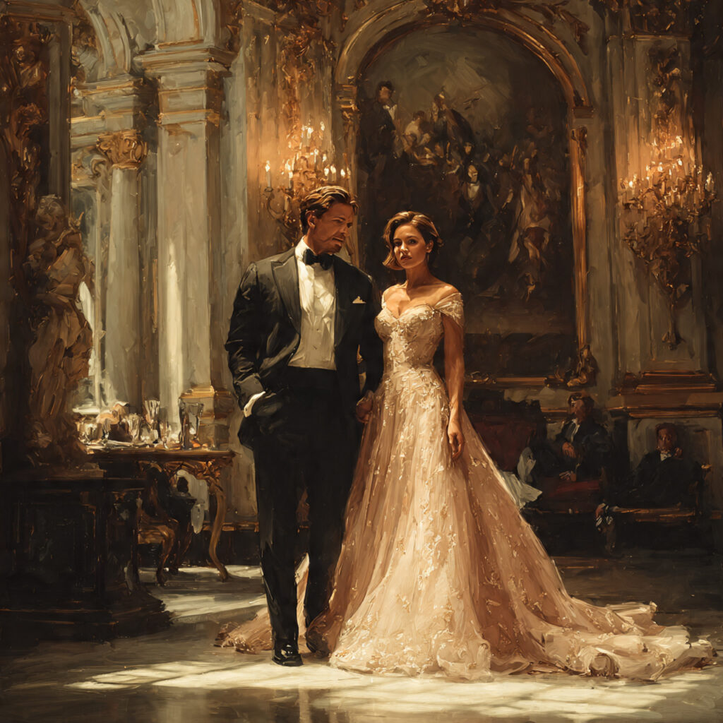 elegant couple posing in a grand ballroom