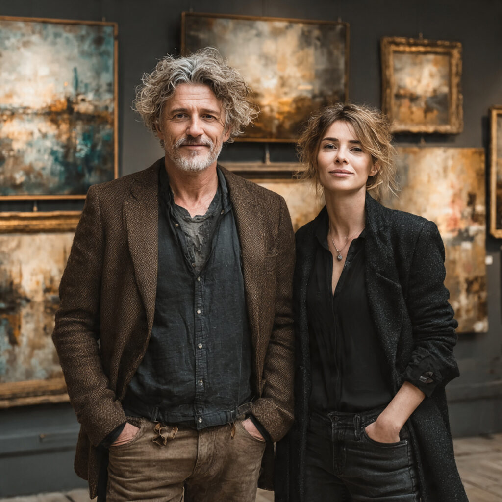 elegant couple standing together in an art