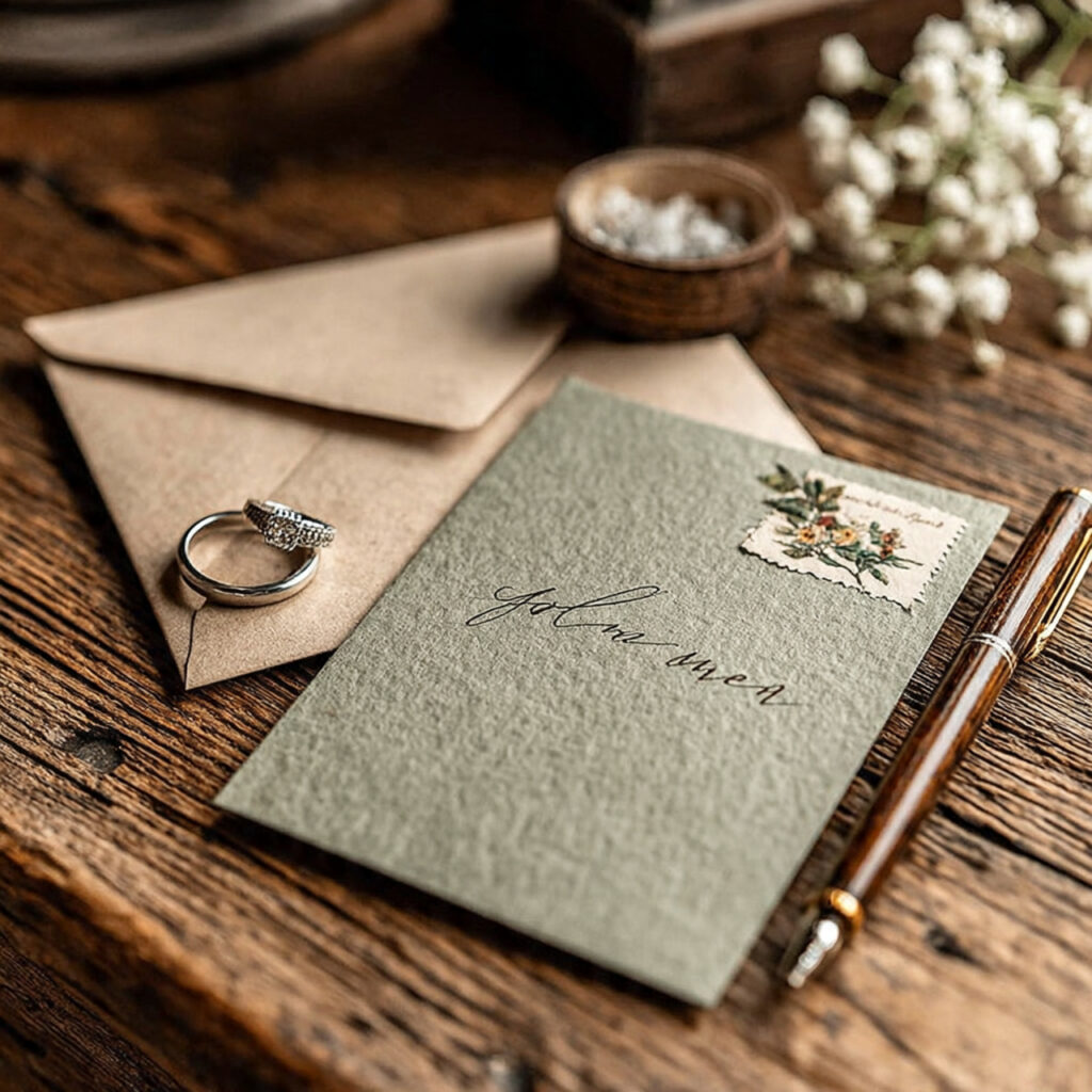 elegant flat lay of handwritten engagement announcement