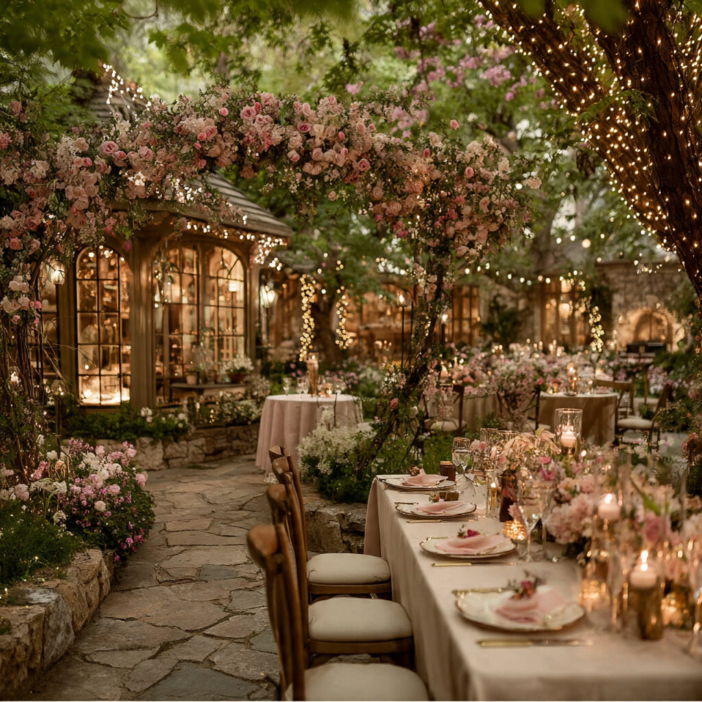 elegant garden engagement party at sunset floral