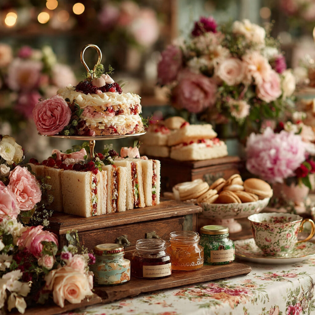 elegant high tea grazing table with tiered trays