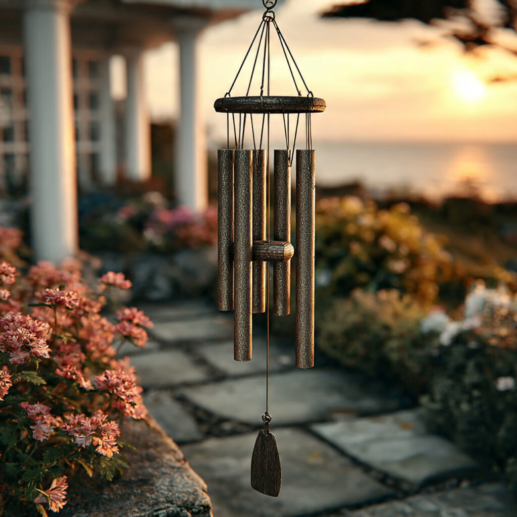 elegant iron wind chimes hanging from porch