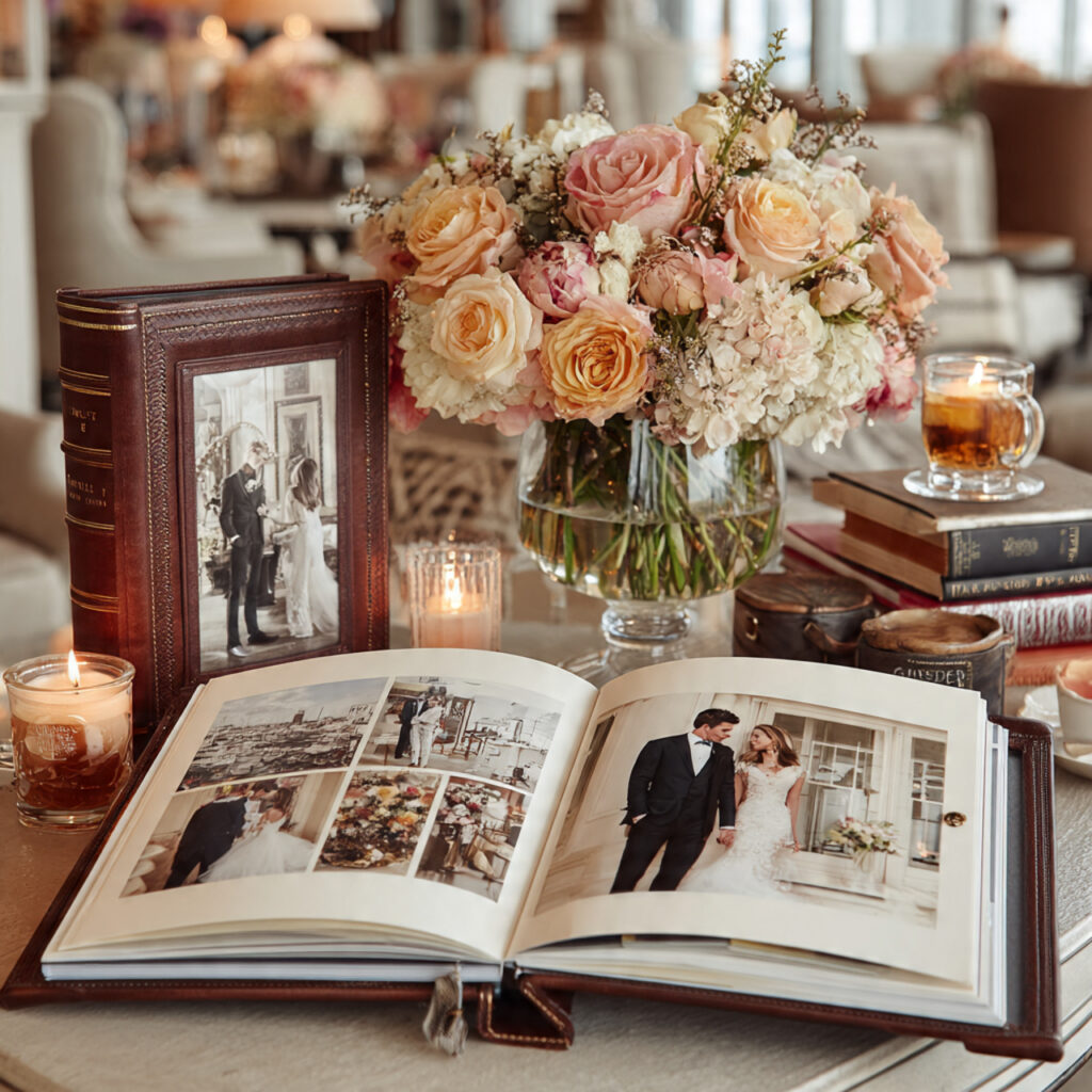 elegant leather bound photo album open with printed