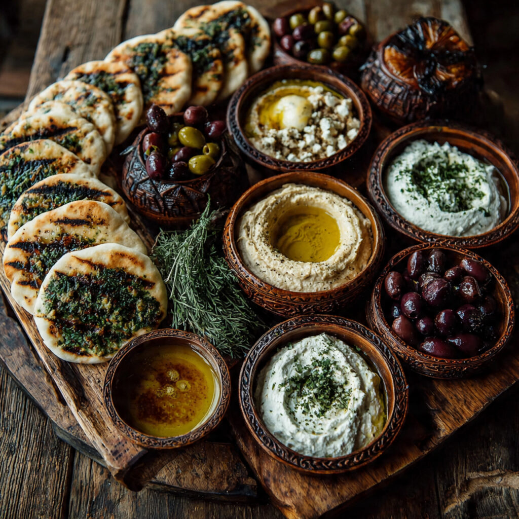 elegant mediterranean grazing table with olives hummus