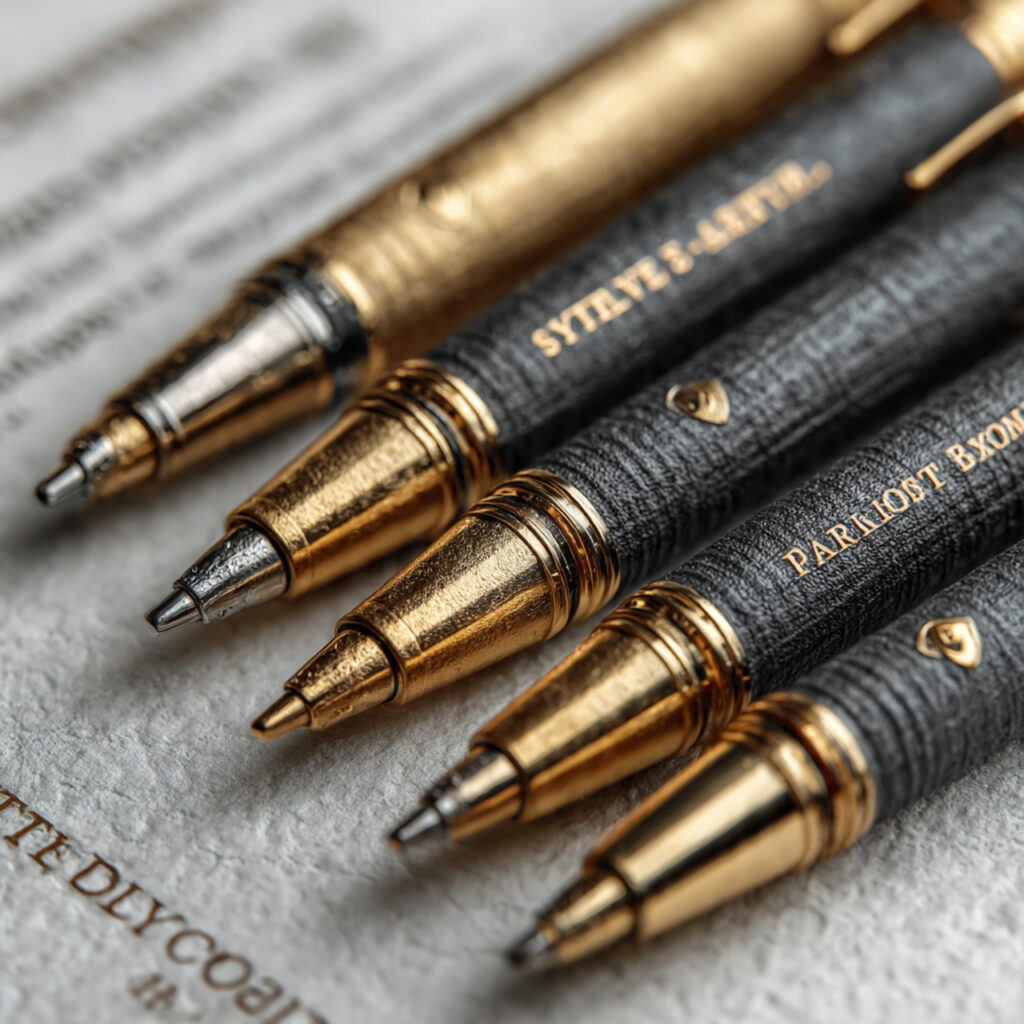 elegant metal pens with engraved names arranged