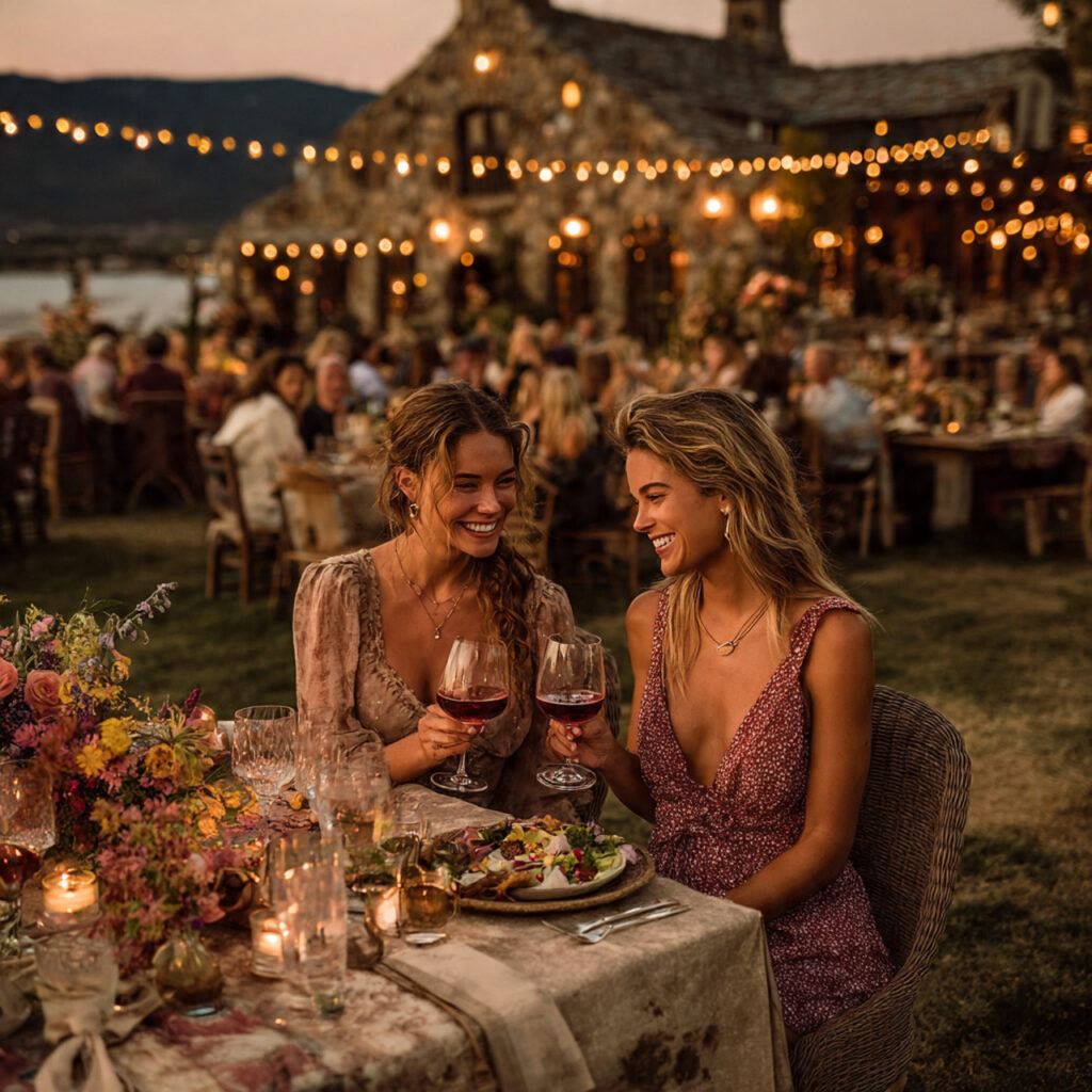 elegant outdoor dinner table setup under string