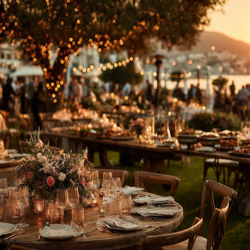 elegant outdoor wedding venue at sunset with