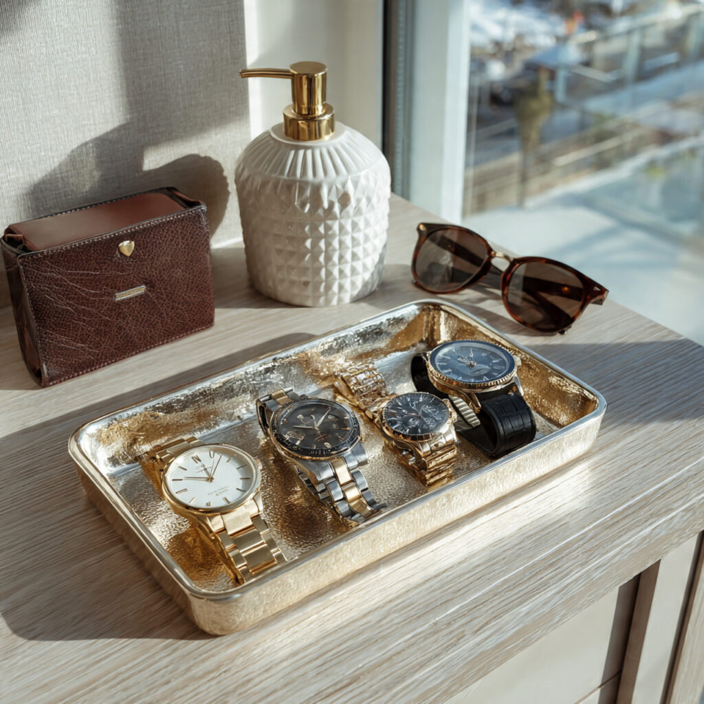 elegant silver plated keepsake tray on dresser with