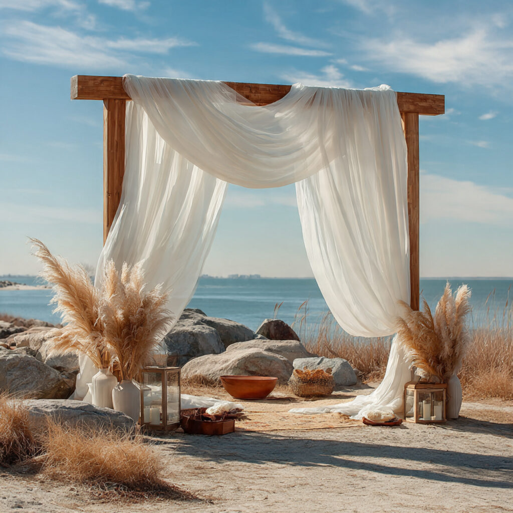 elegant wedding backdrop with flowing white chiffon 1