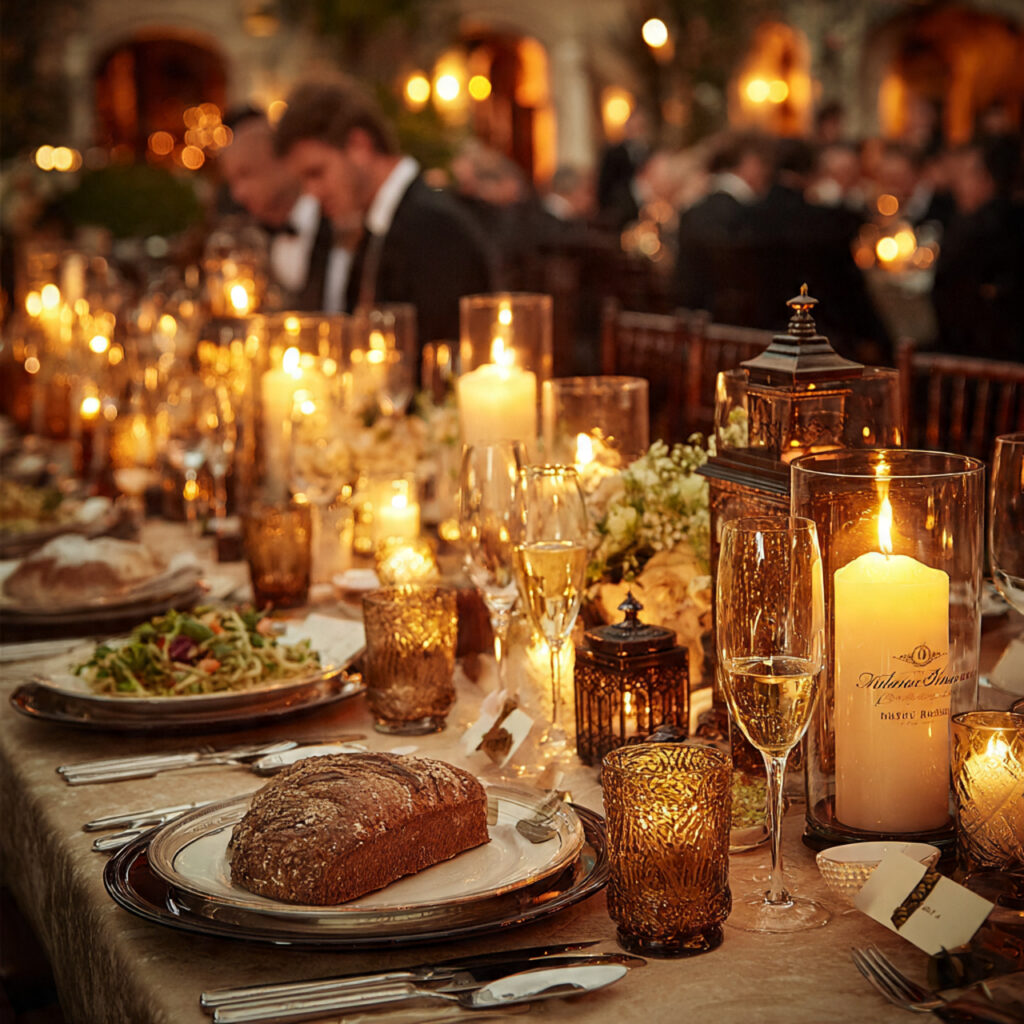 elegant wedding dinner setup with candles long