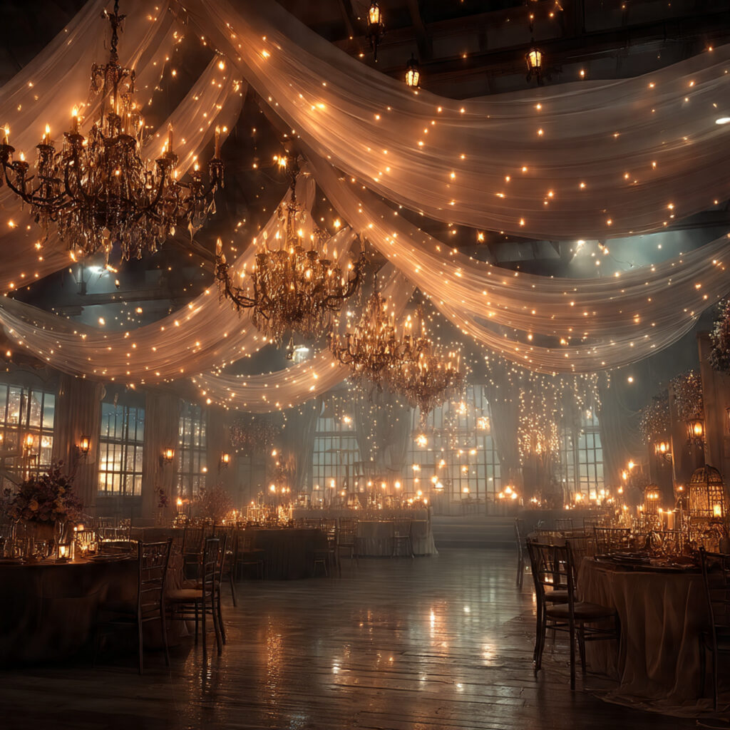 elegant wedding venue with fairy lights chandeliers